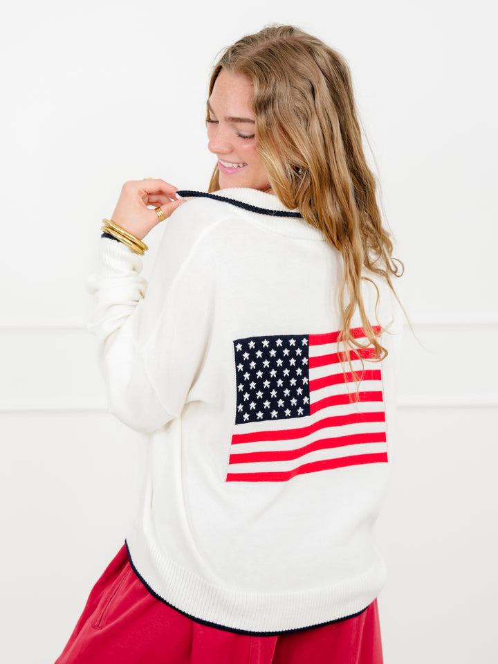 Knit Long Sleeve "USA" Quarter Zip Up Sweater - Freckled Poppy