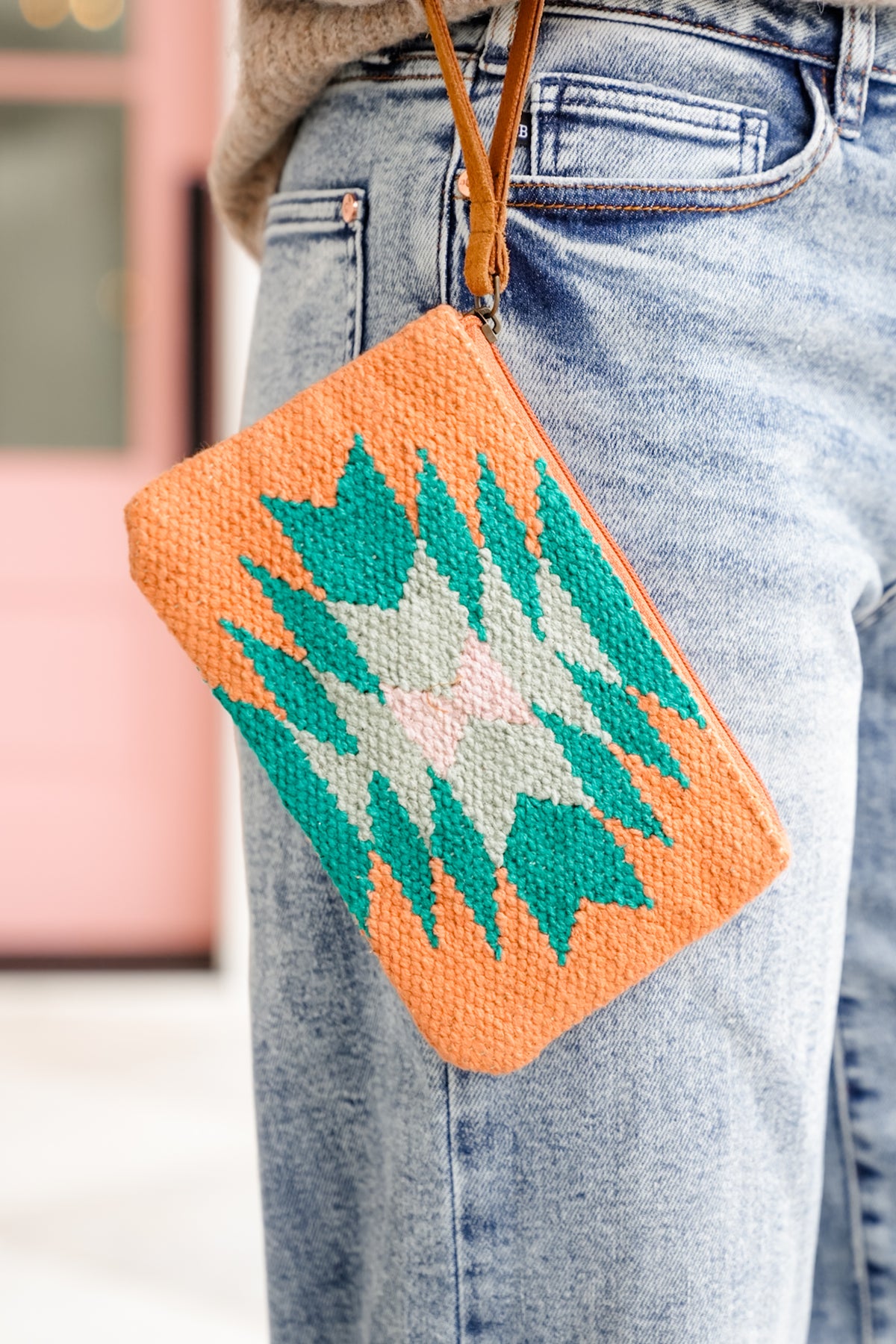 Orange, Green & Pink Aztec Wristlet - Freckled Poppy