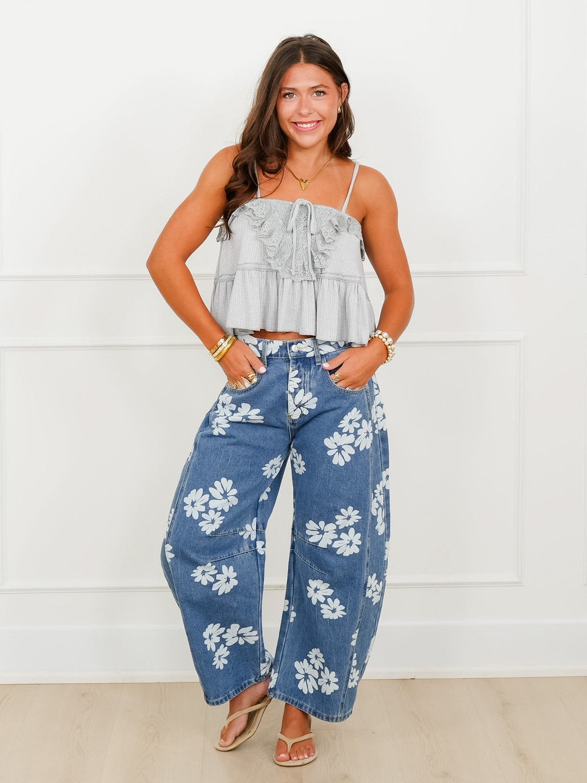 POL Grey Spaghetti Strap Top With Lace Trim - Freckled Poppy