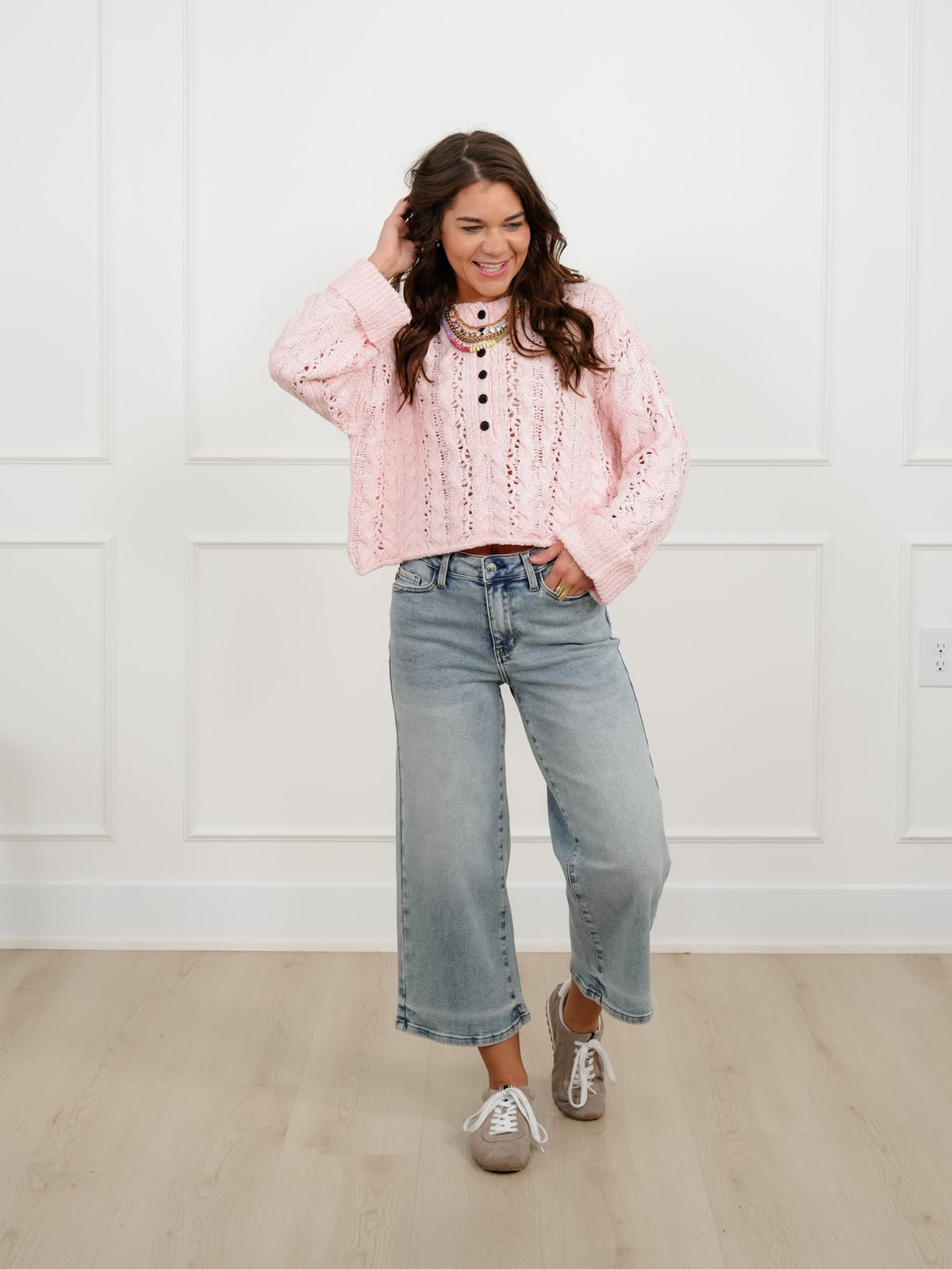 Textured Knit Long Sleeve Half Button Up Sweater - Freckled Poppy