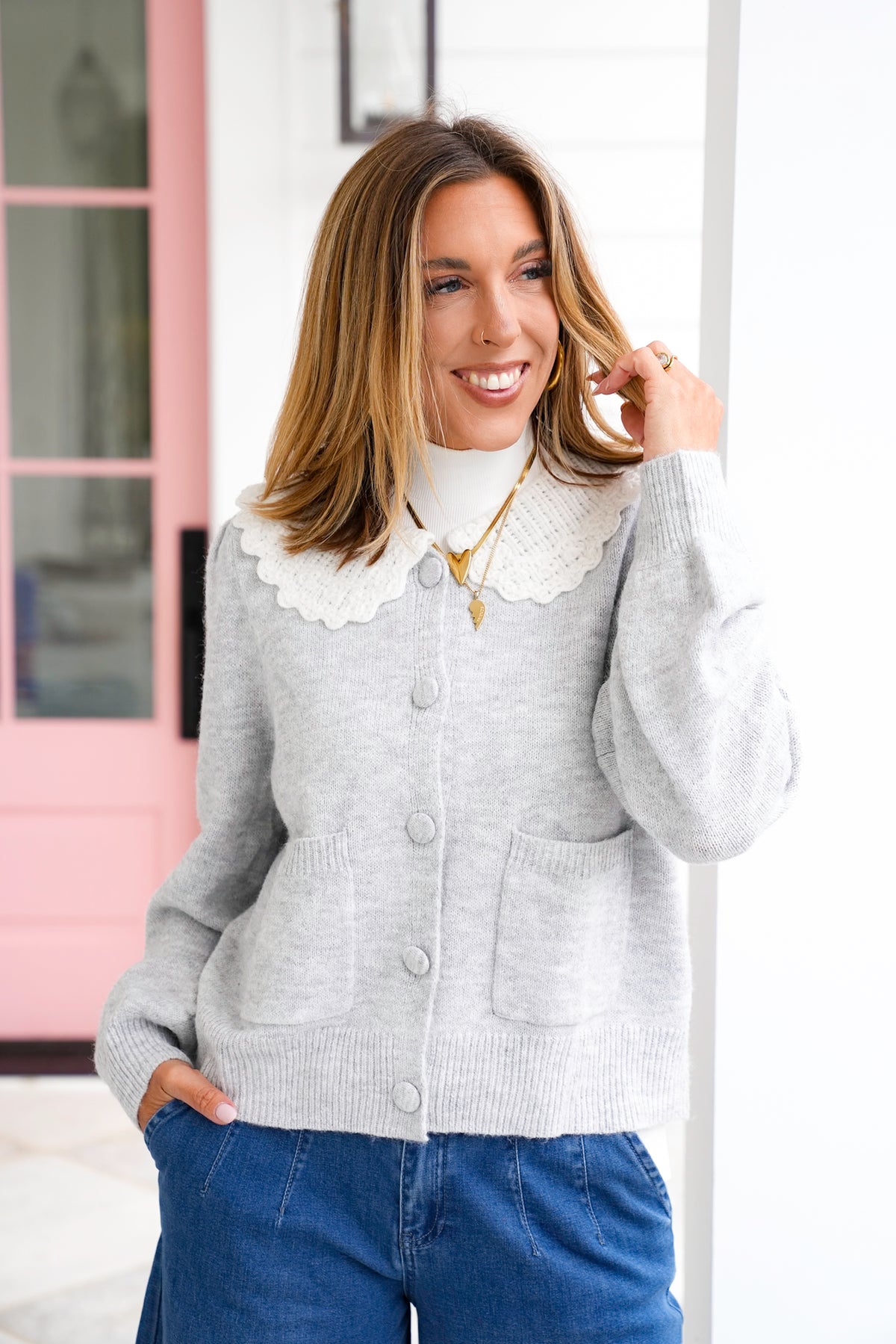 Knit Long Sleeve Frill Crochet Collar Cardigan - Freckled Poppy