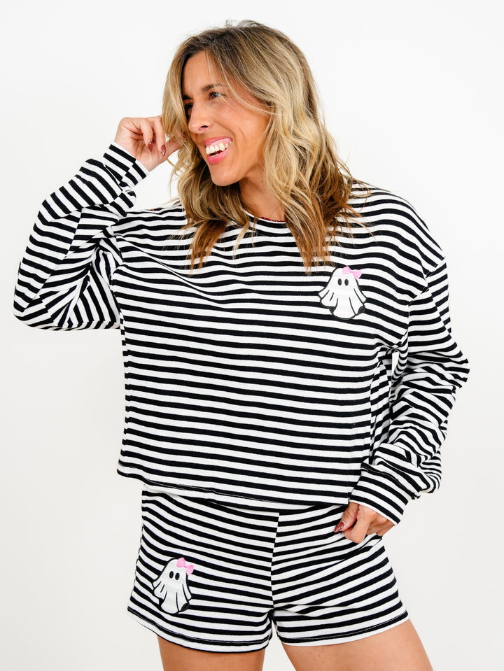 Plus/Reg Stripe Long Sleeve Top and Shorts with Ghost Patch Lounge Set - Freckled Poppy