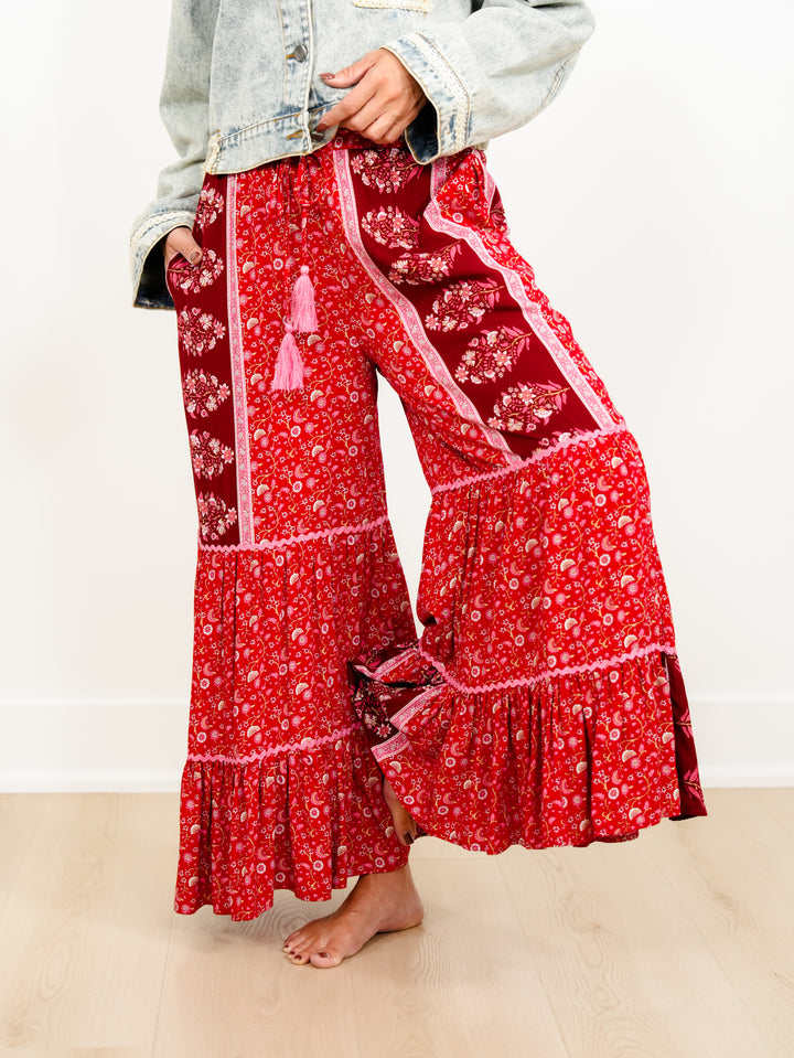 Floral Print Patchwork Tiered Palazzo Pants