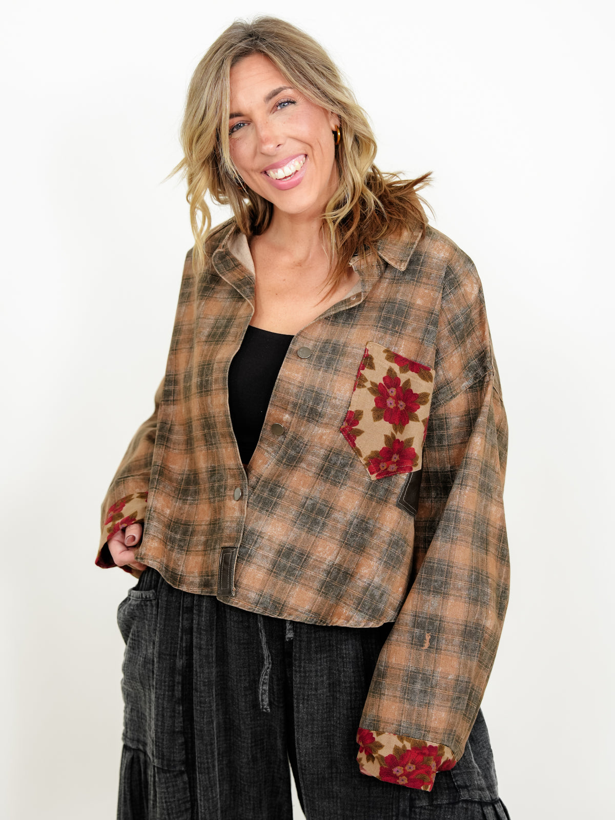 POL Plaid Long Sleeve Button Down Shacket with Floral Detail