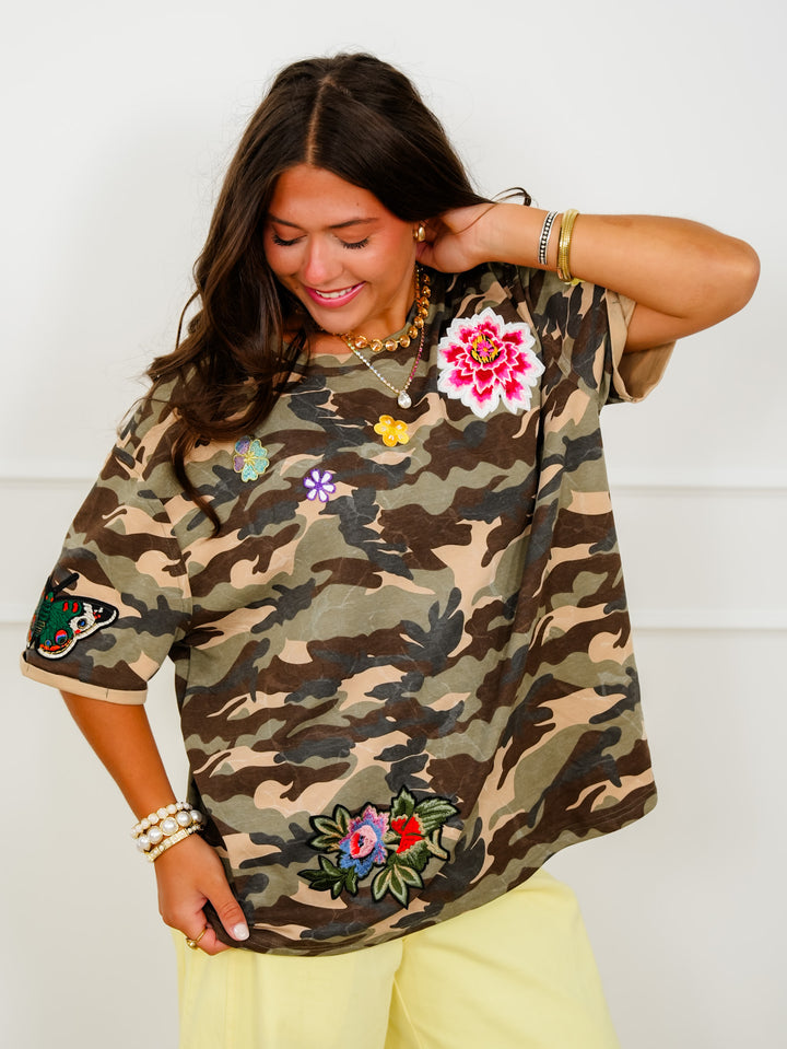 Restock! Camo Pattern Short Sleeve Top with Floral Patchwork - Freckled Poppy