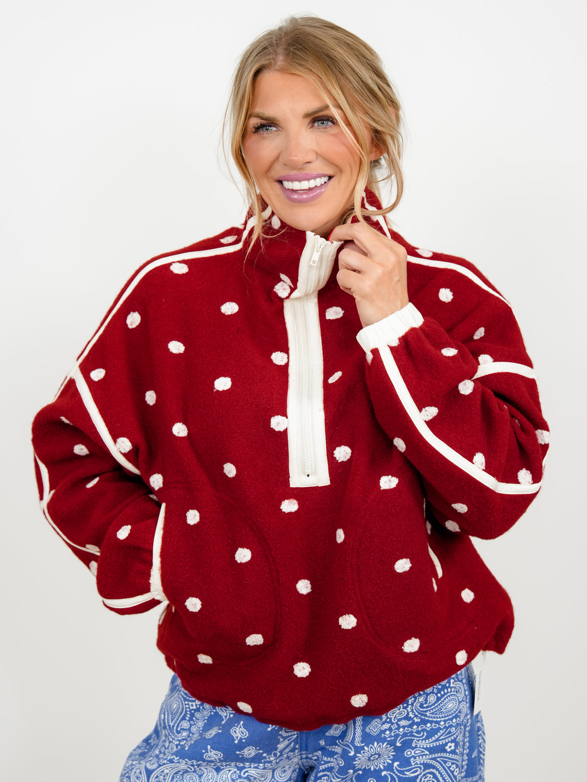 Plus/Reg Polka Dot Half Zip Up Fleece Pullover