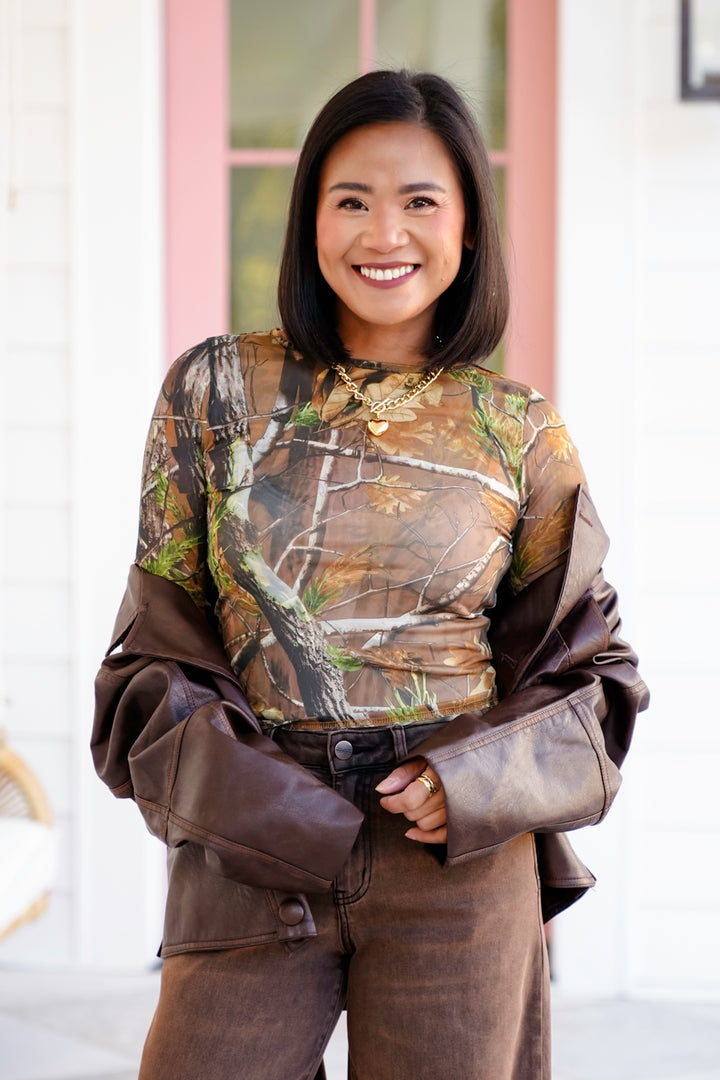Camo Print Long Sleeve Mesh Top - Freckled Poppy