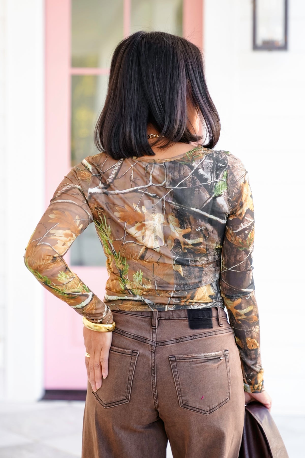 Camo Print Long Sleeve Mesh Top - Freckled Poppy