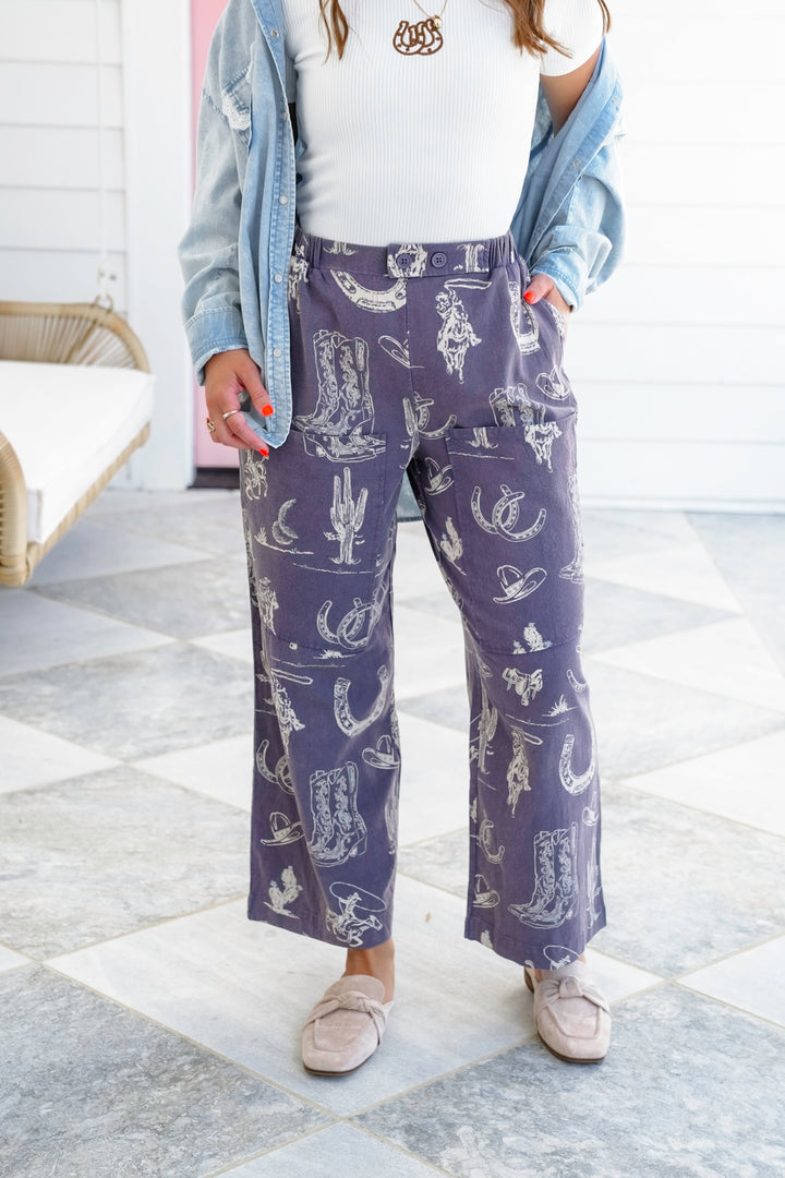Western Print Wide Leg Pants - Freckled Poppy