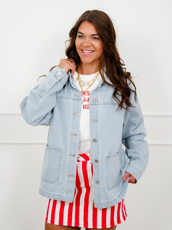 Light Wash Long Sleeve Button Down Jacket - Freckled Poppy