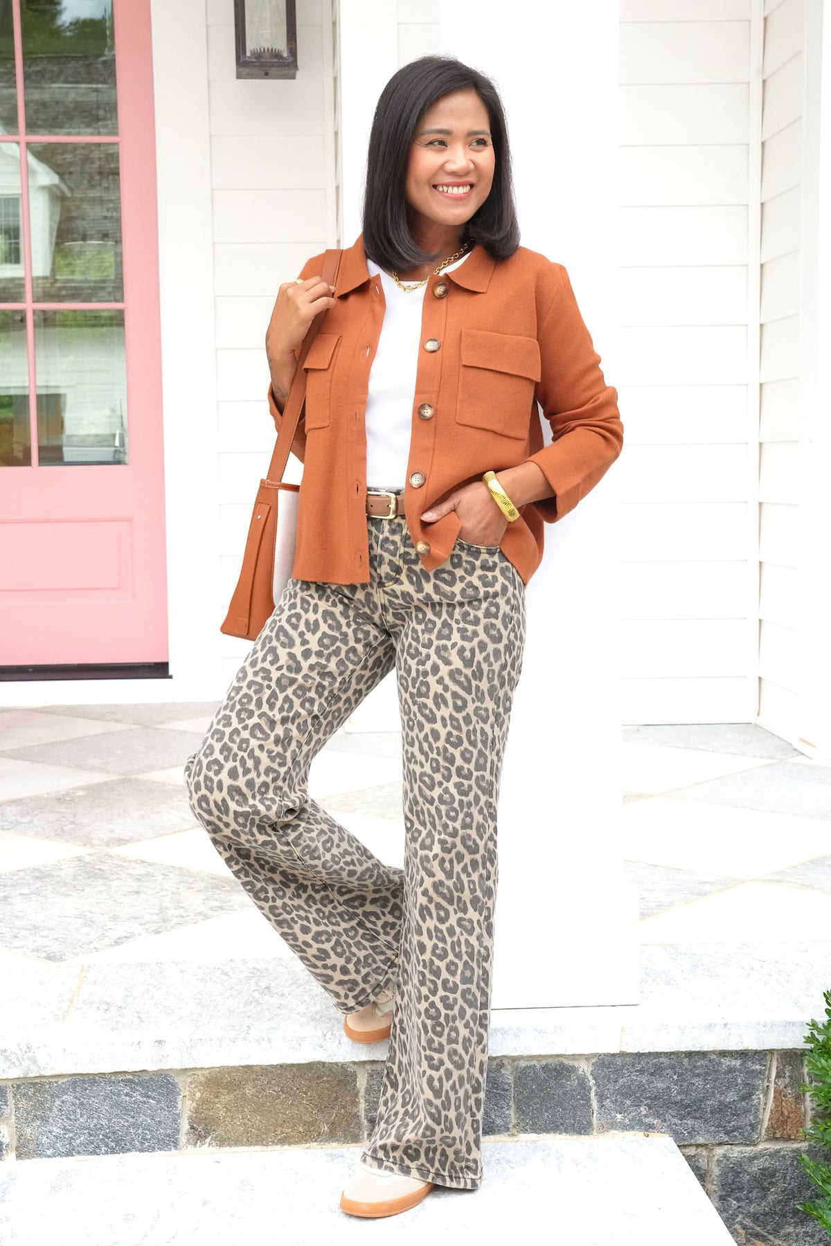 Plus/Reg Knit Long Sleeve Button Down Top - Freckled Poppy