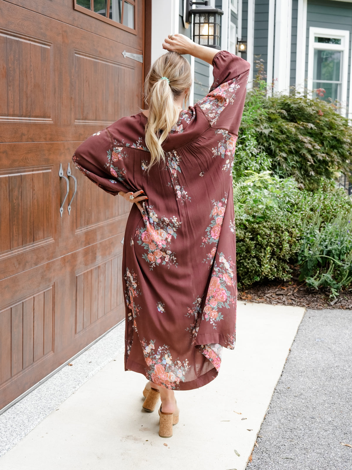 Floral Print Long Sleeve V-Neck Midi Dress