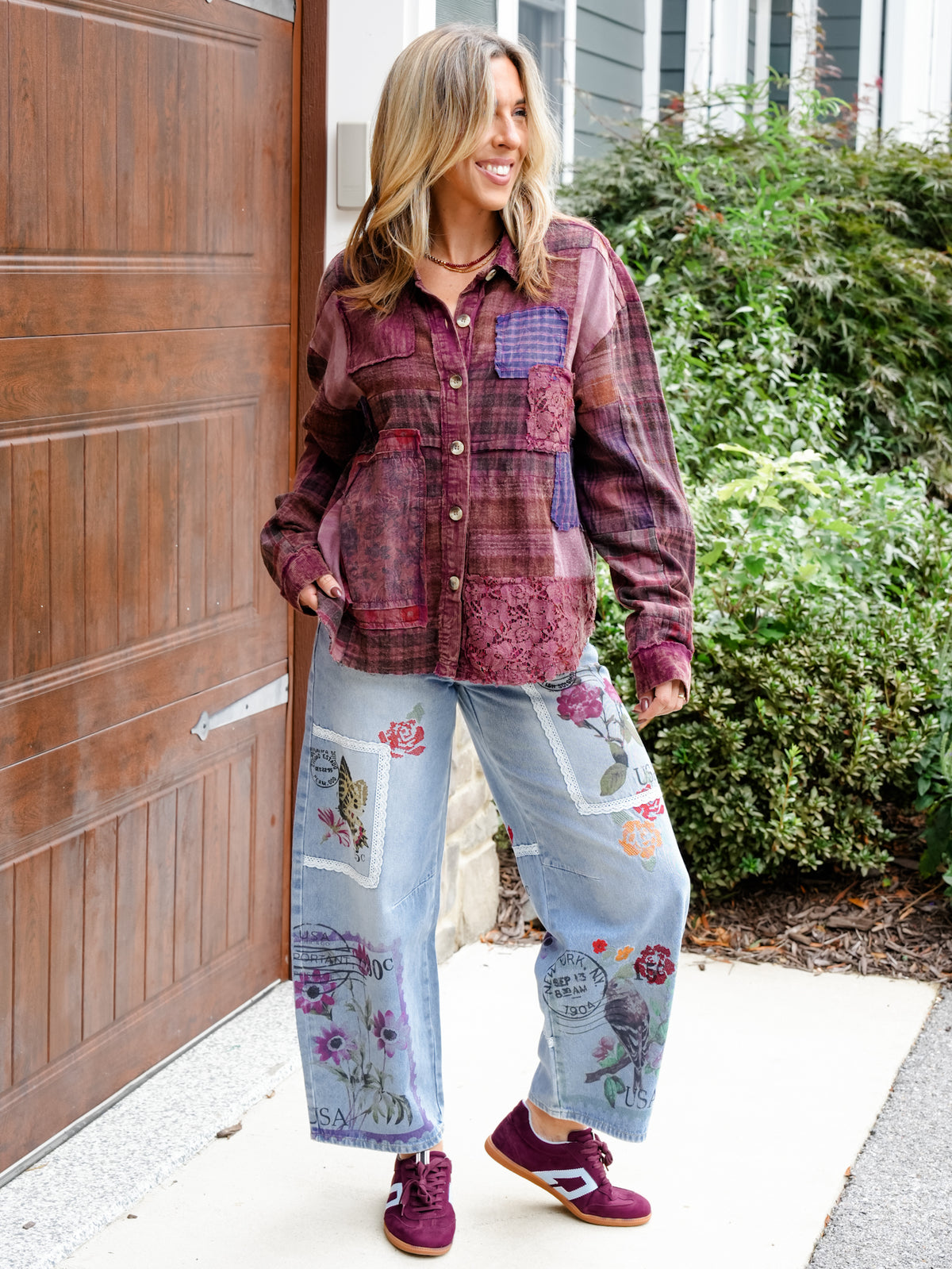 POL Patchwork Long Sleeve Button Down Top