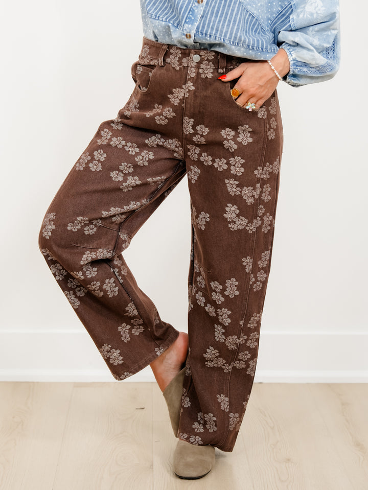 Floral Print High Waist Barrel Leg Jeans - Freckled Poppy