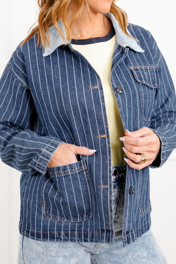 Stripe Long Sleeve Button Down Barn Jacket - Freckled Poppy