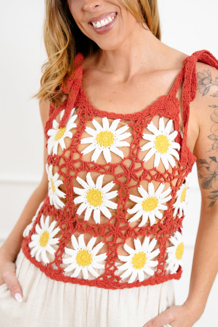 Sleeveless Daisy Crochet Round Neck Top - Freckled Poppy