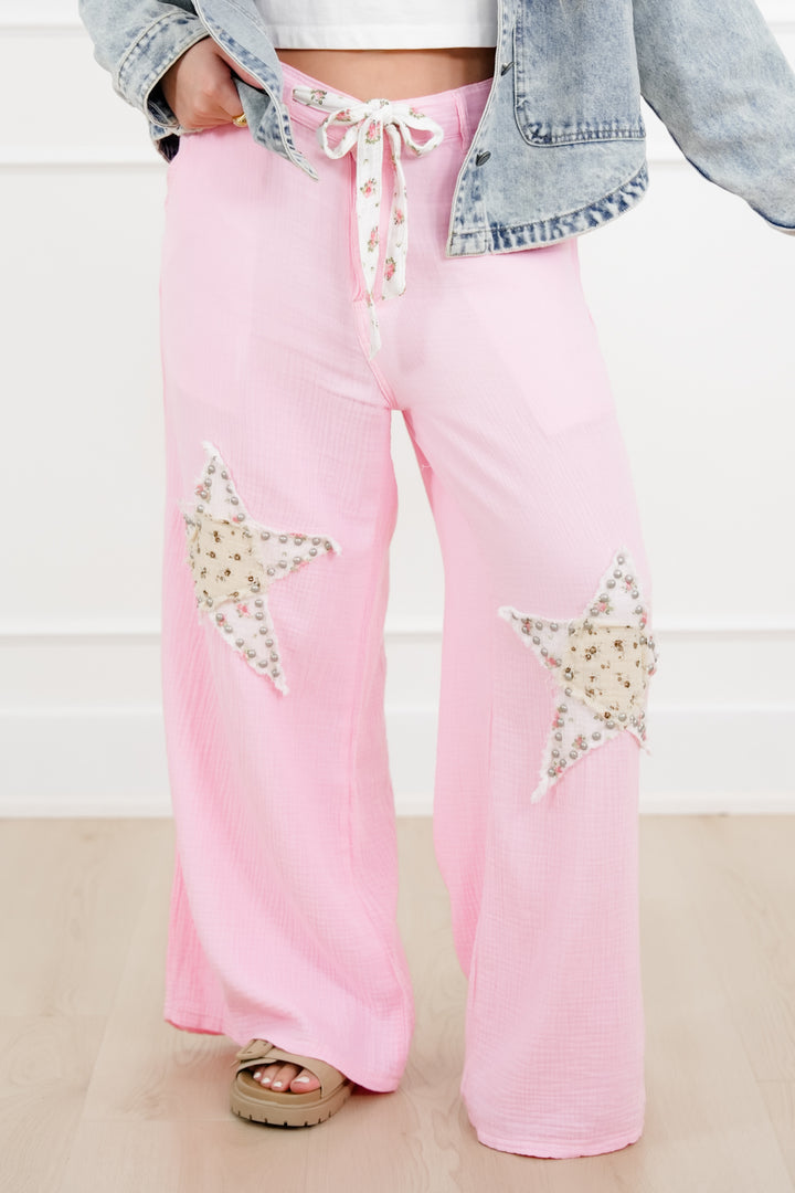 POL Star Patch High Rise Wide Leg Pants - Freckled Poppy