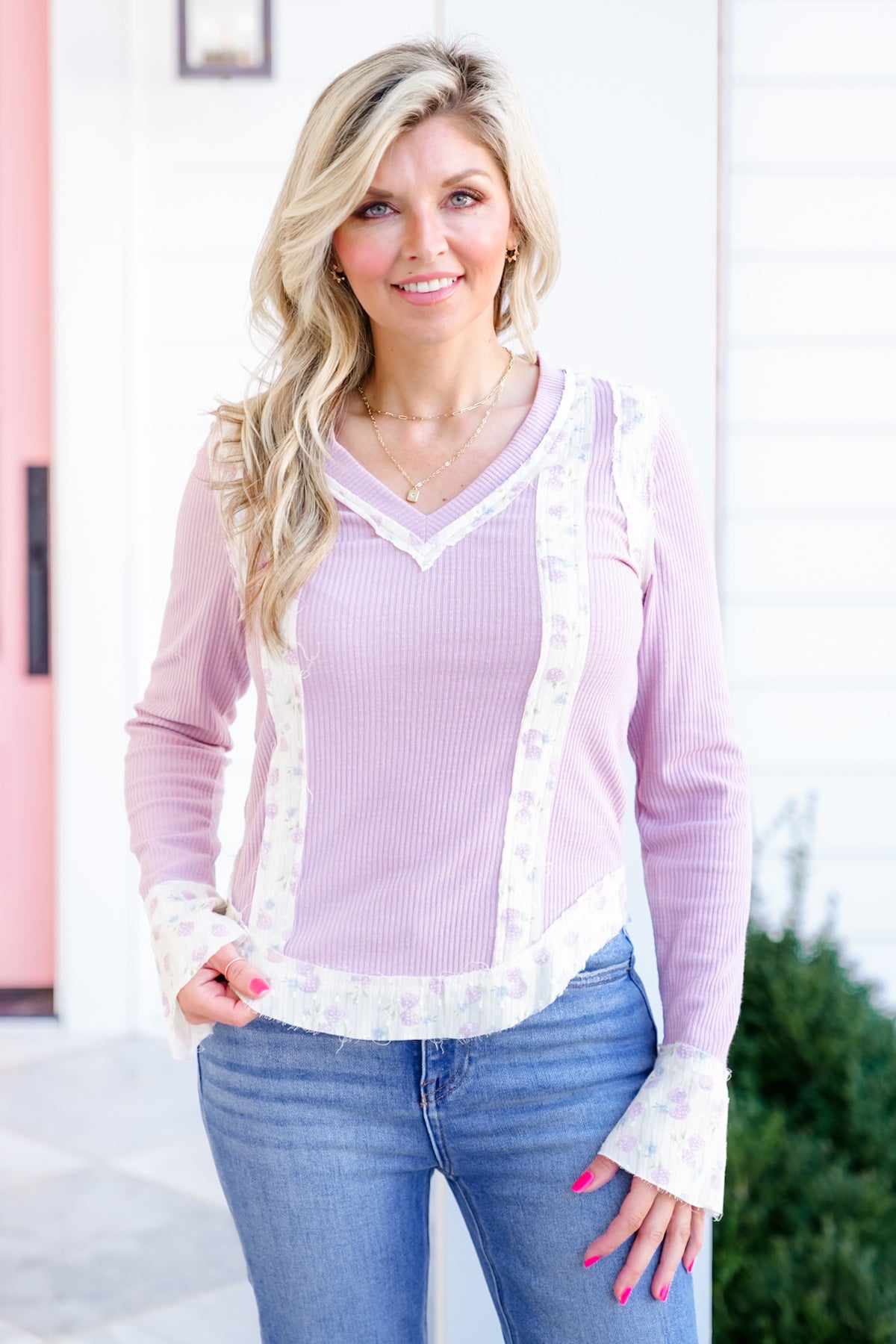 POL Ribbed Long Sleeve V Neck Top with Floral Accent - Freckled Poppy