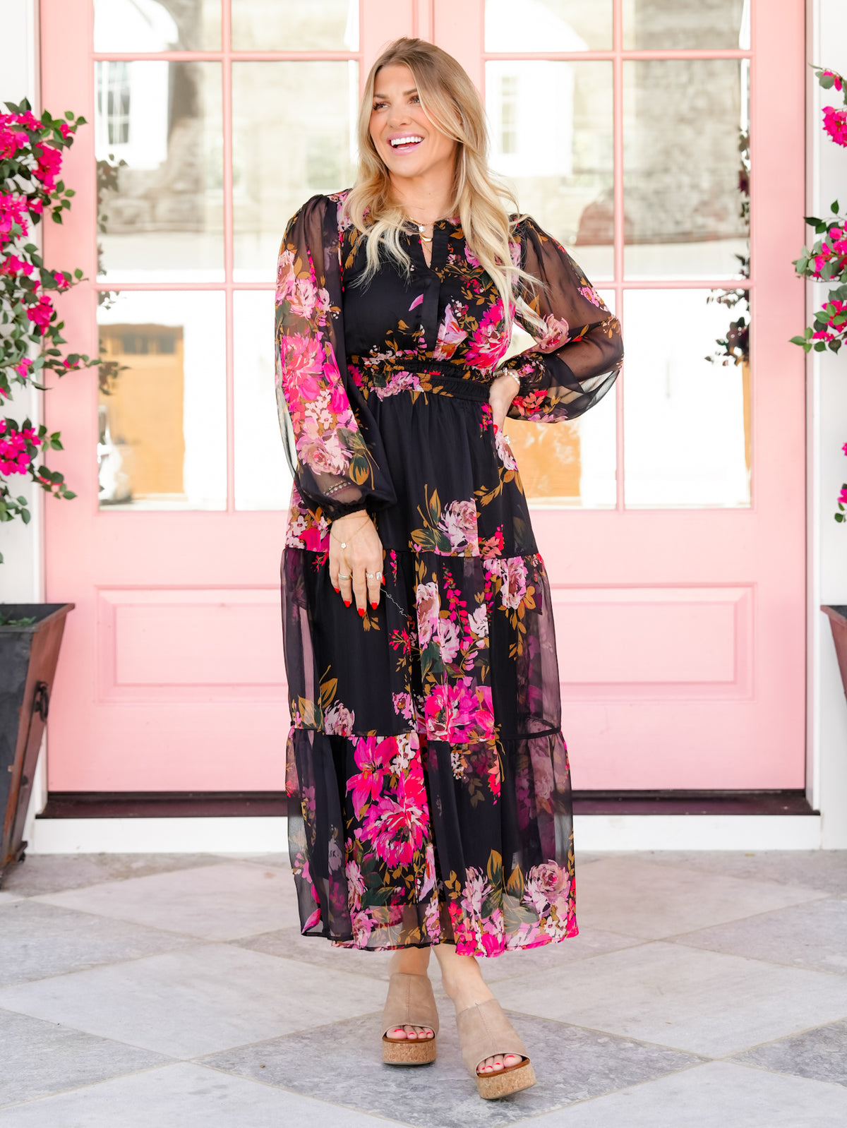 Plus/Reg Floral Chiffon Surplice Neck Long Puff Sleeve Midi Dress - Freckled Poppy