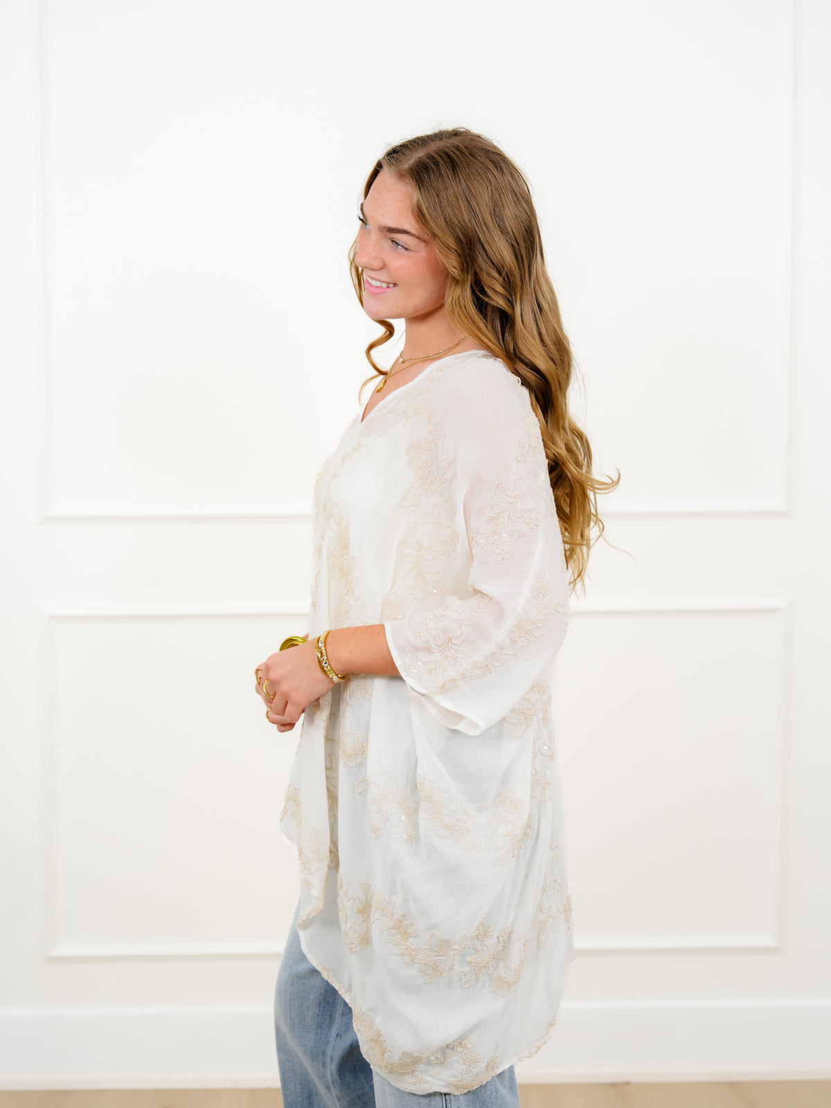 POL Embroidered V-Neck Kimono Top - Freckled Poppy