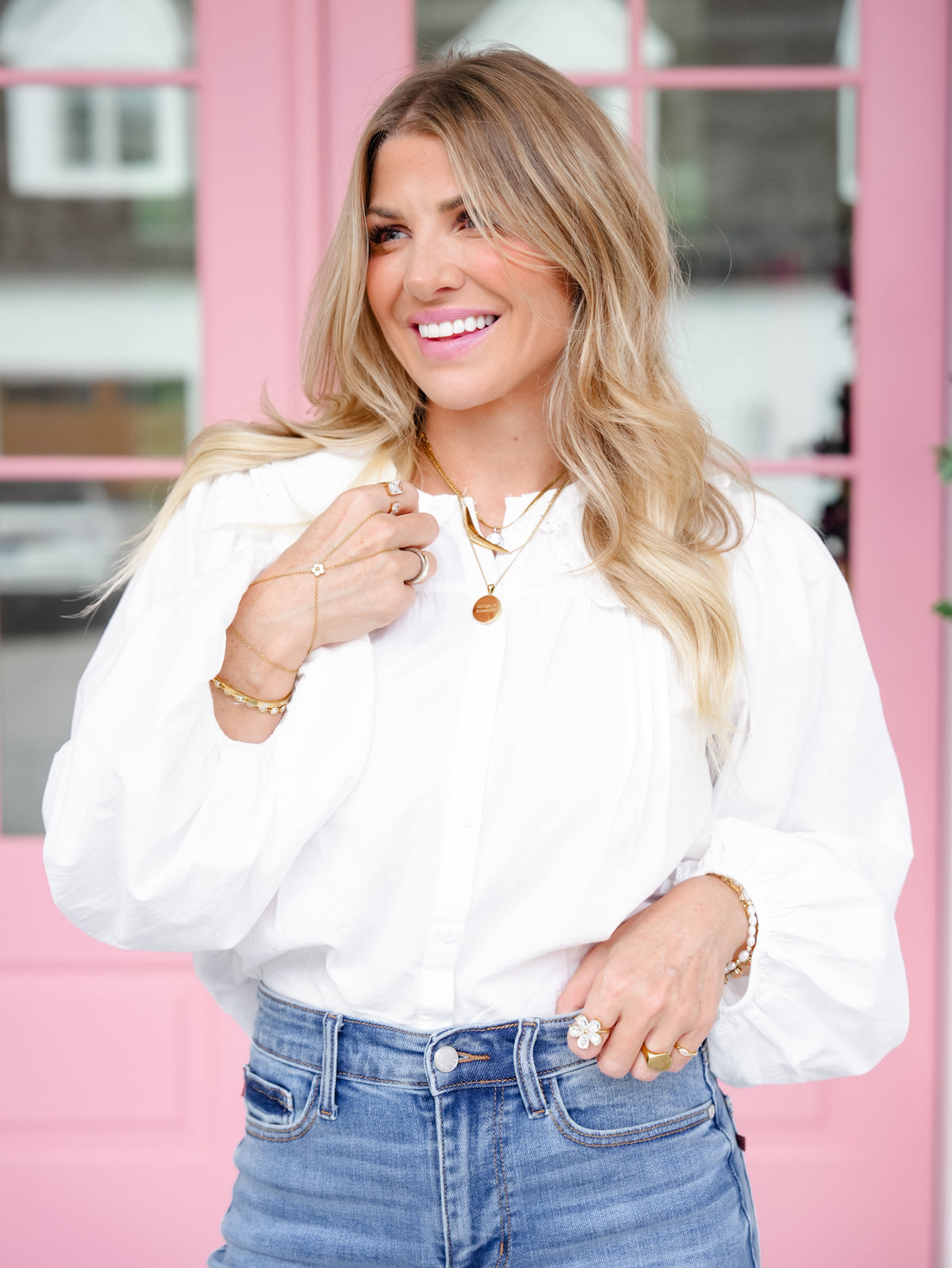 Bubble Sleeve Lace Trim Collar Button Down Blouse