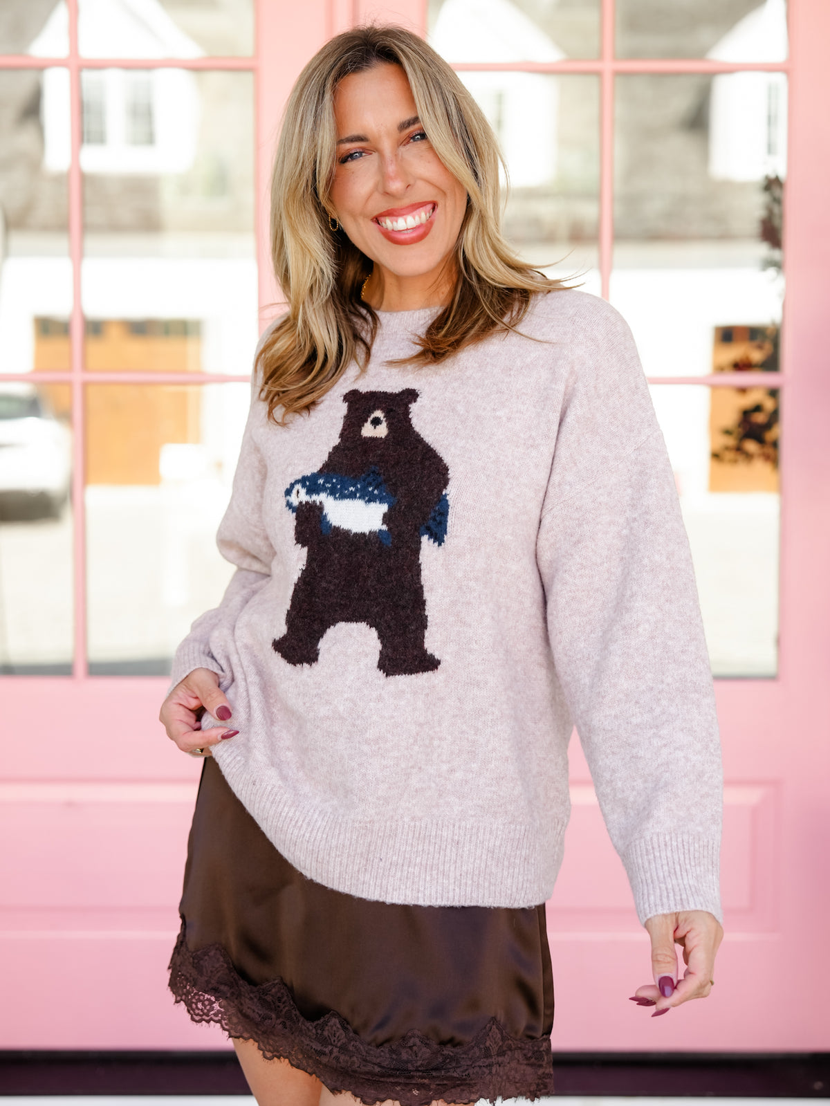 Taupe Long Sleeve Bear with Salmon Pullover Sweater