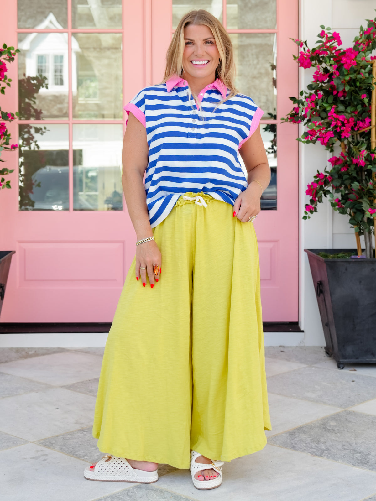Stripe Sleeveless Snap Button Up Top with Contrast Trim - Freckled Poppy