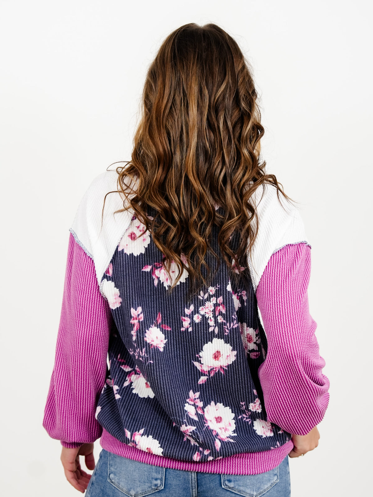 Plus/Reg Floral Body Print And Color Block Sleeves Rib Knit Sweatshirt - Freckled Poppy