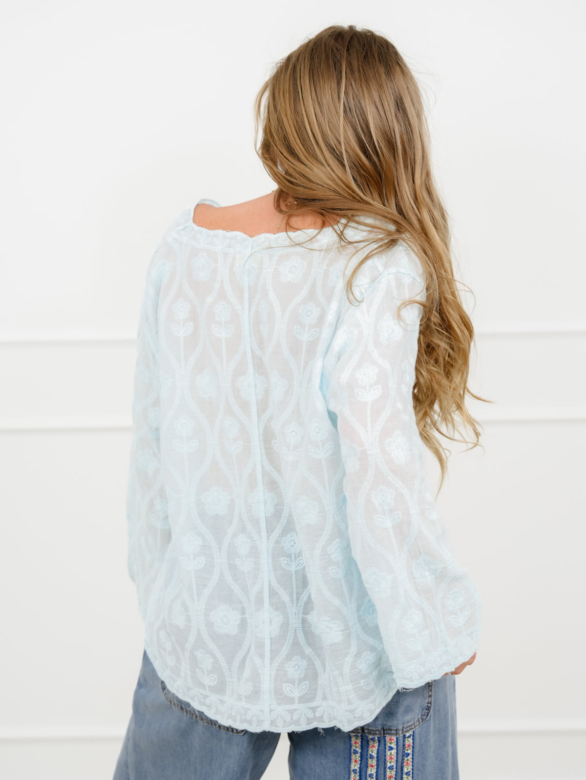 POL Embroidered Long Sleeve Button Up Top - Freckled Poppy