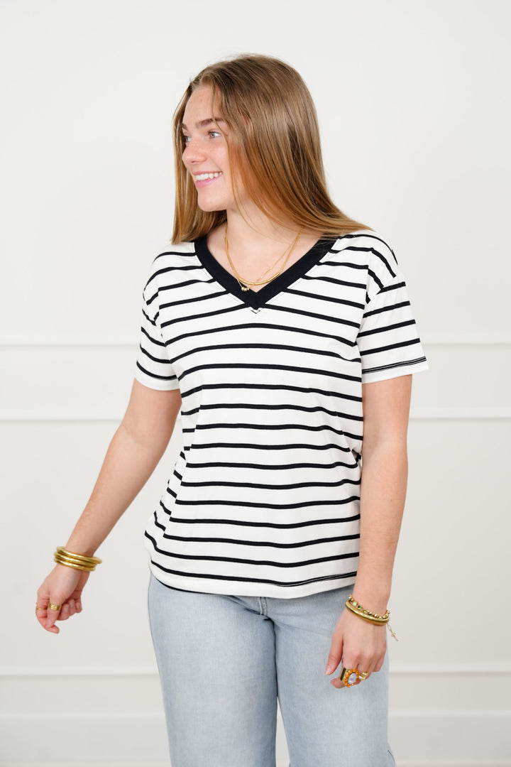 Door Buster! Plus/Reg Zenana Striped V Neck Tee Shirts - Freckled Poppy