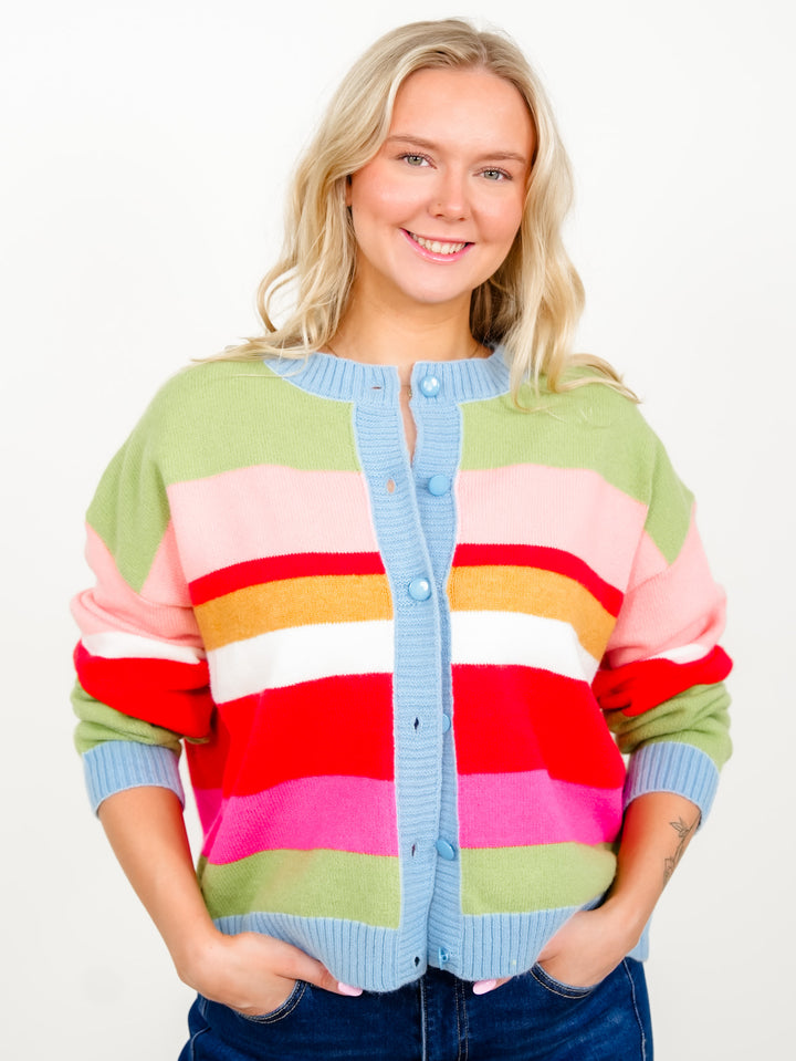 Multi Colored Stripe Long Sleeve Button Down Cardigan - Freckled Poppy