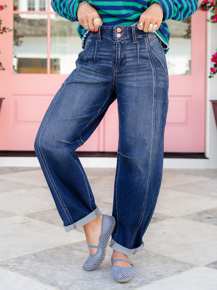 Risen High Rise Dark Wash Barrel Jeans With Double Cuff - Freckled Poppy