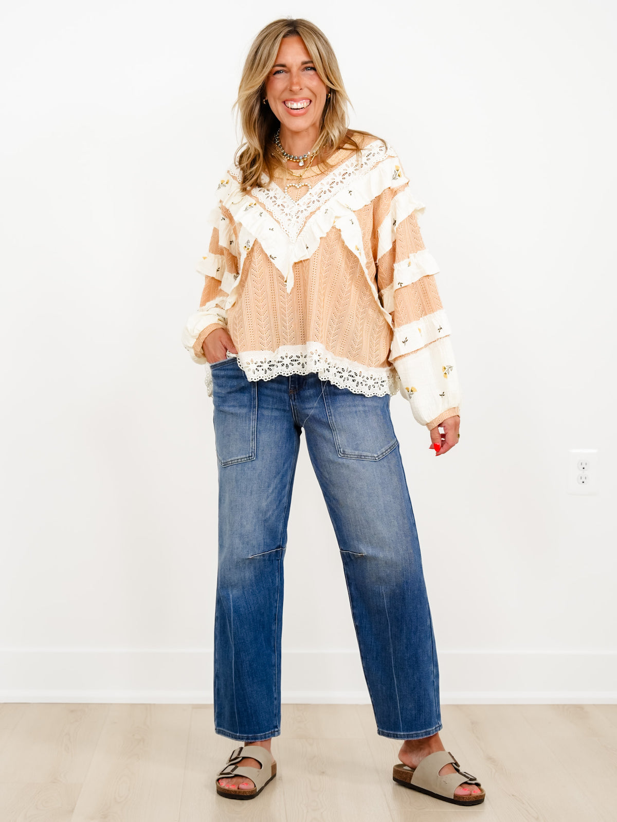 POL Textured Long Sleeve Top with Floral Ruffle Detail - Freckled Poppy