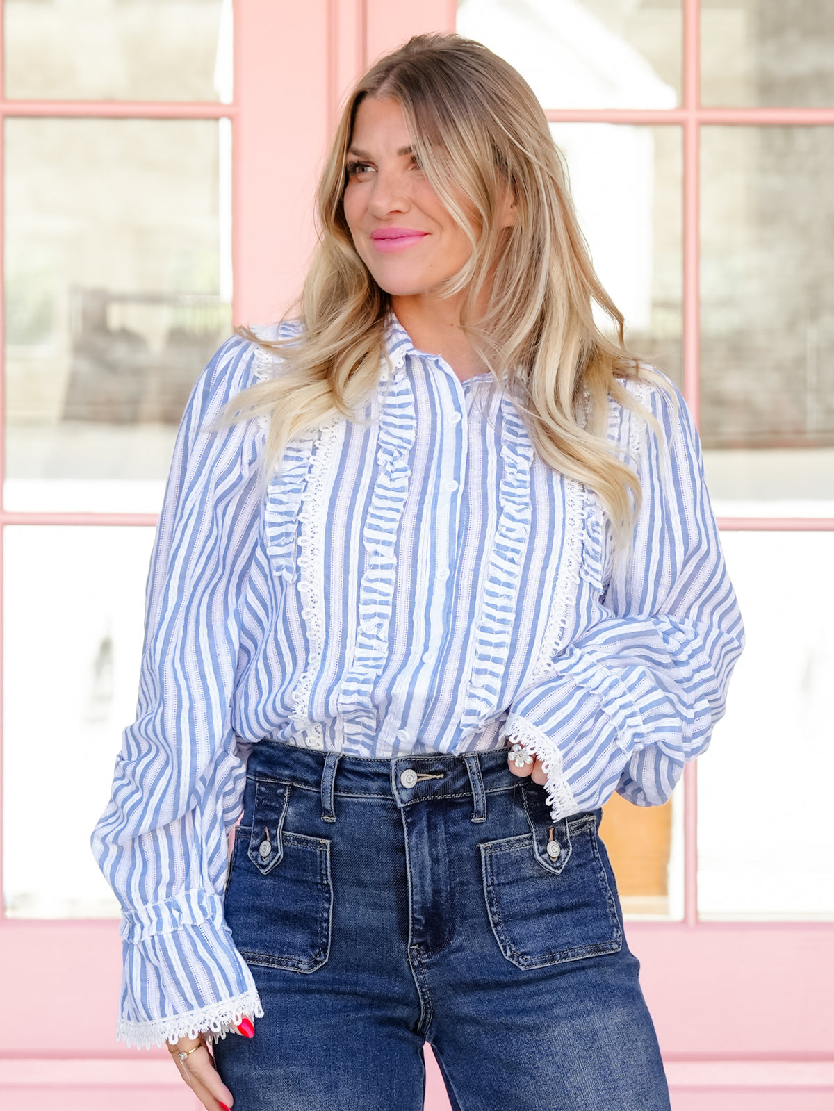 POL Stripe Long Sleeve Button Down Ruffle Top