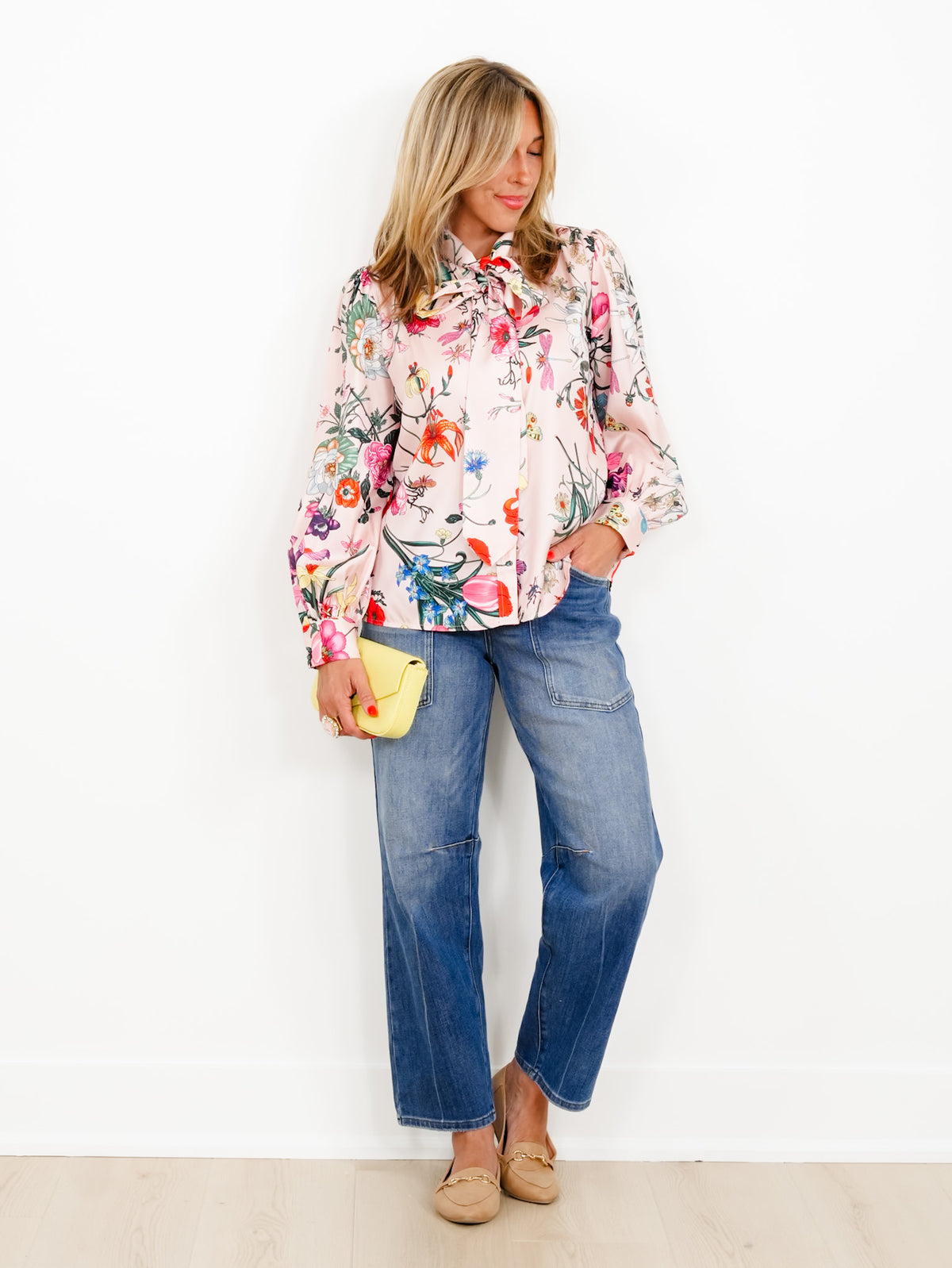 Pink Floral Print Long Sleeve Tie At The Neck Top - Freckled Poppy