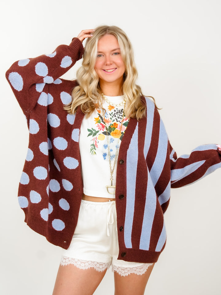 Plus/Reg Polka Dot and Stripe Long Sleeve Button Down Cardigan - Freckled Poppy