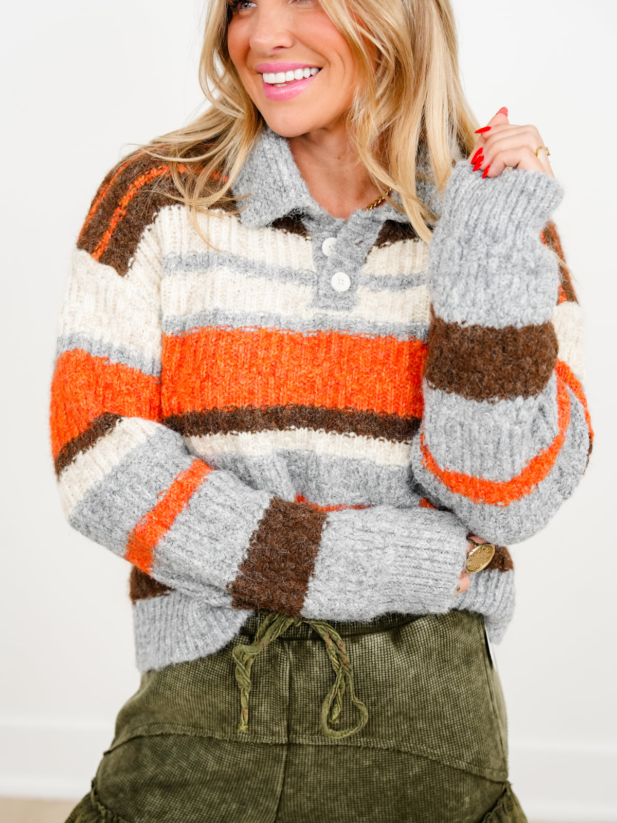 POL Stripe Long Sleeve 1/4 Button Collared Sweater