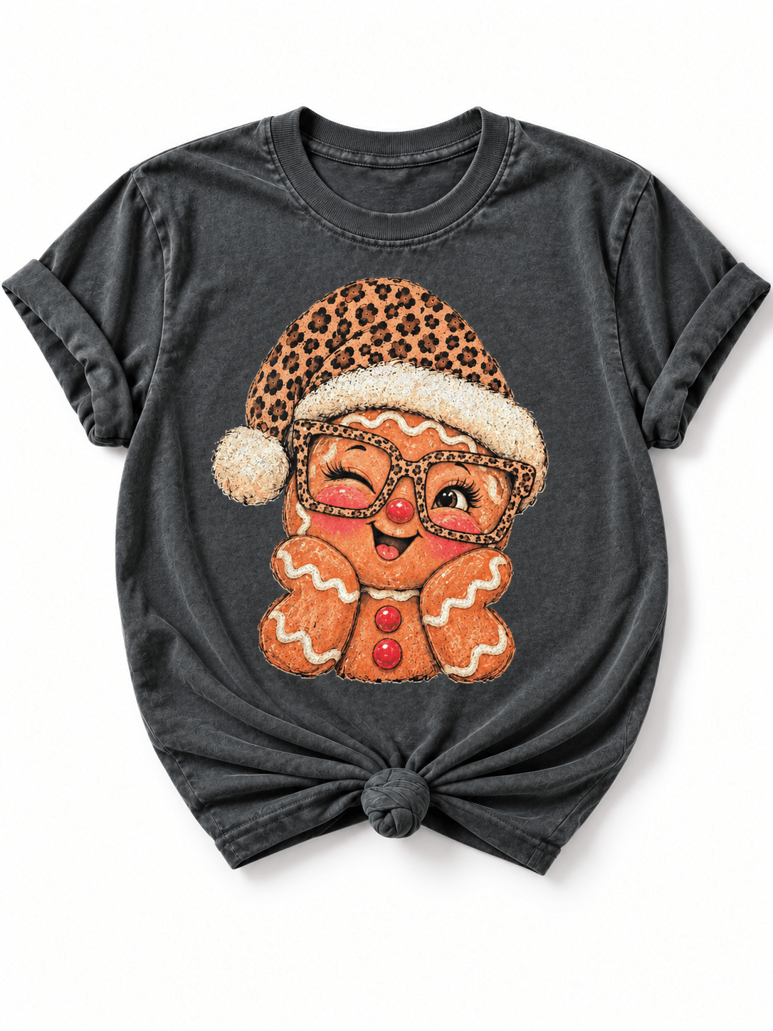 Plus/Reg Short Sleeve Leopard Gingerbread Christmas Graphic Tee