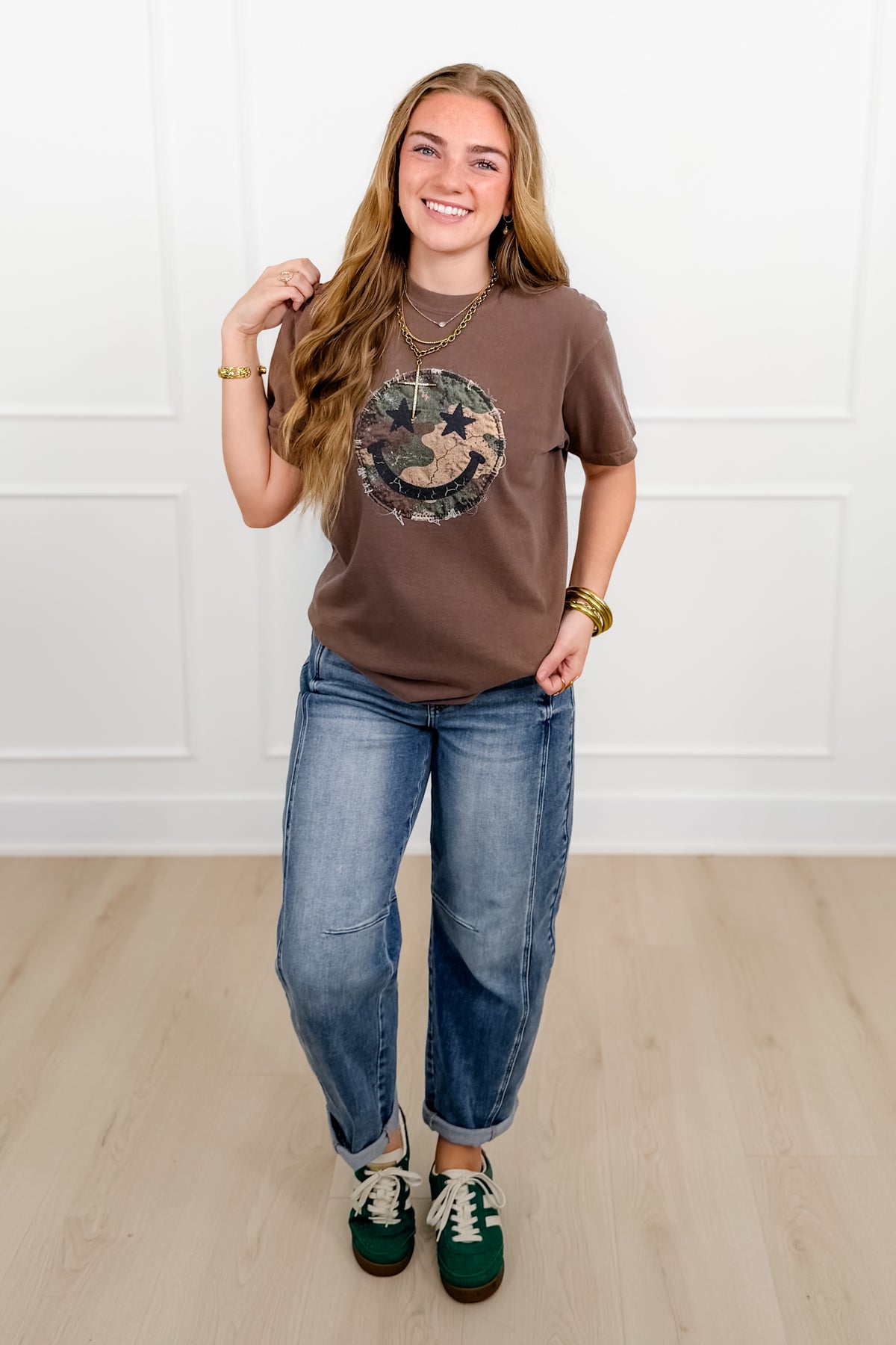 Plus/Reg Short Sleeve Camo Smiley Face Graphic Tee - Freckled Poppy
