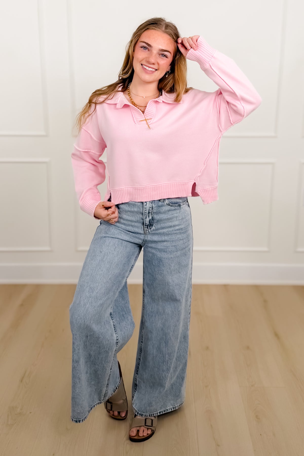 Mineral Wash Long Sleeve V Neck Sweatshirt - Freckled Poppy