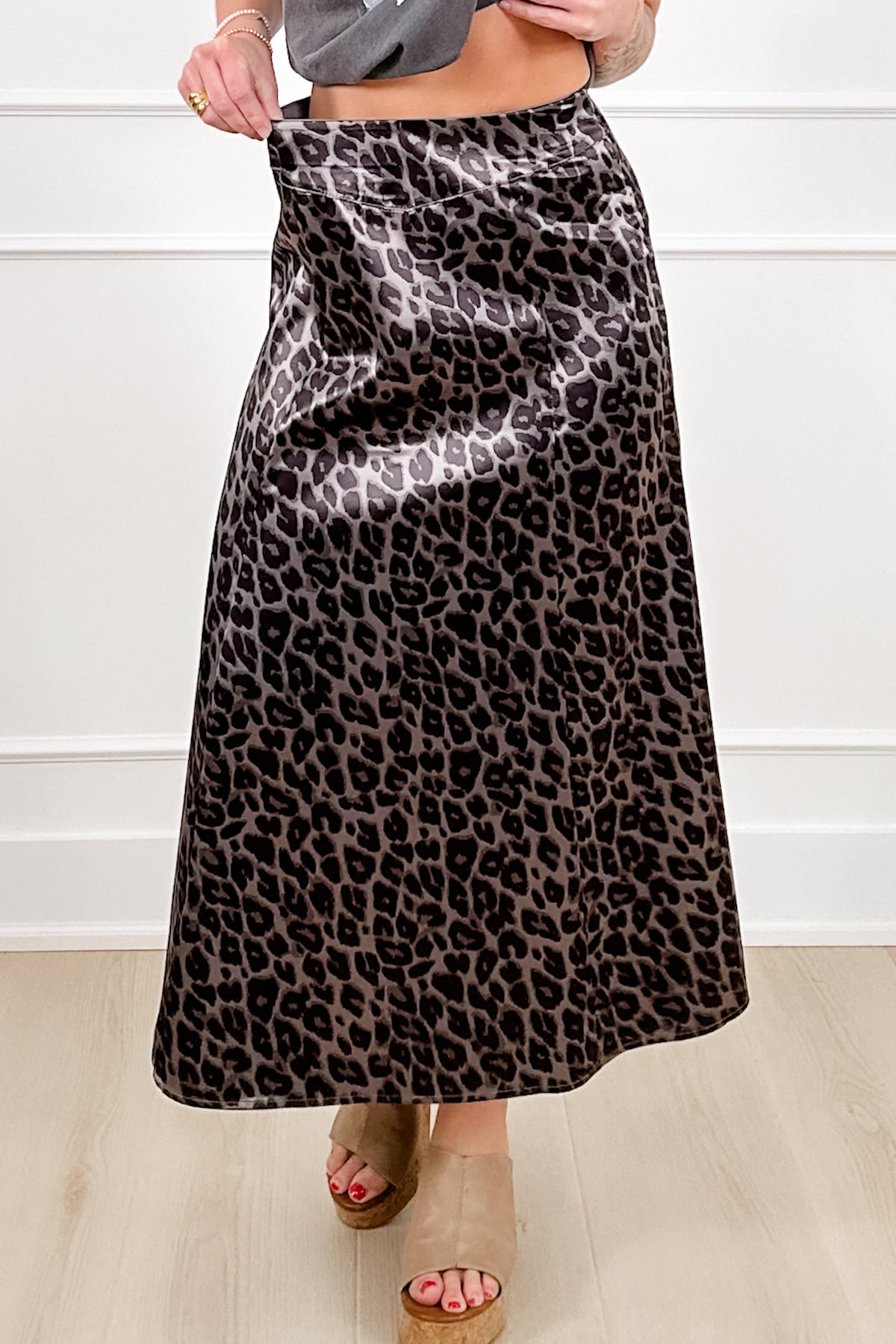 Leopard Print Satin Elastic Waist Midi Skirt - Freckled Poppy