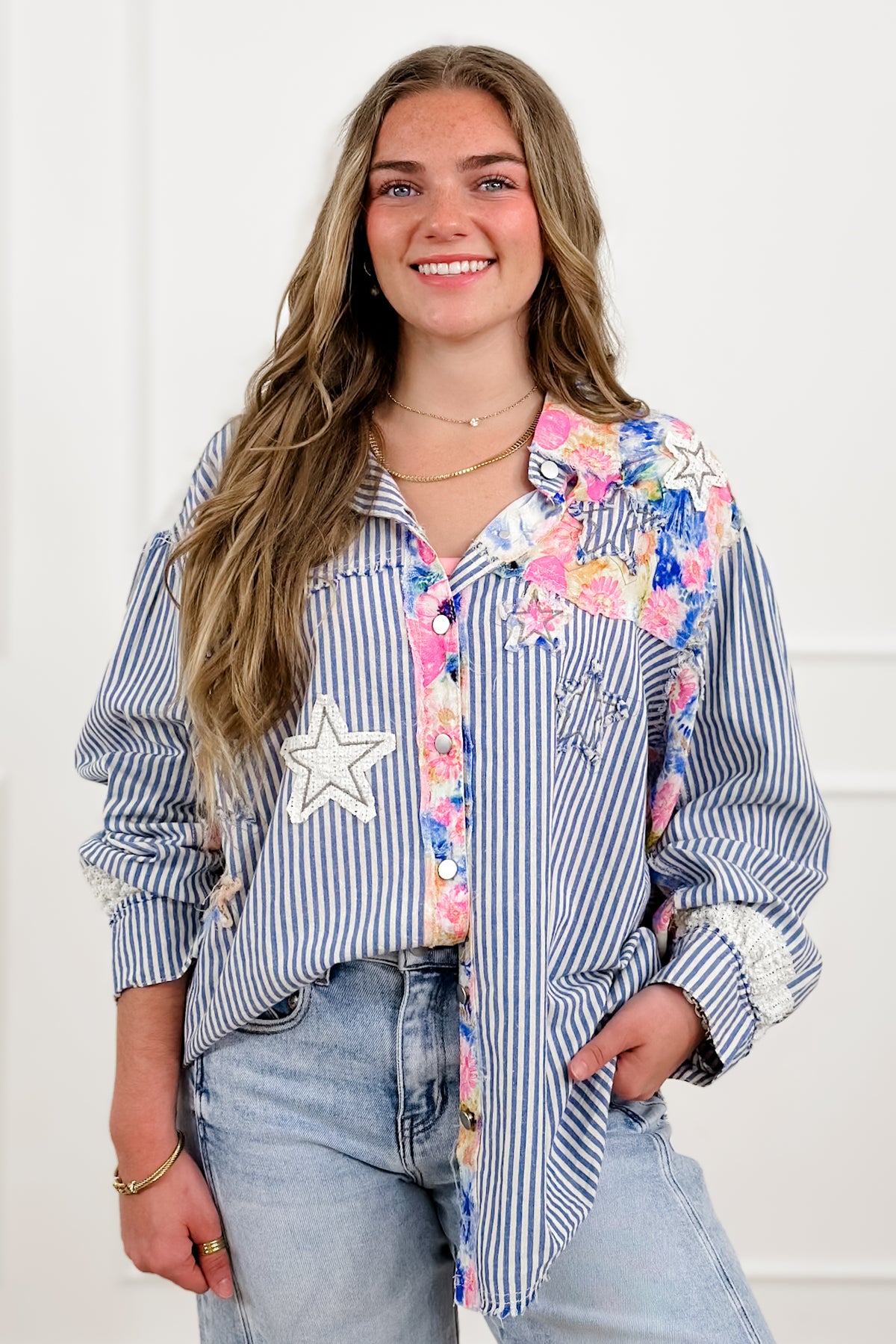 POL Stripe Long Sleeve Button Up Top with Star Patches - Freckled Poppy