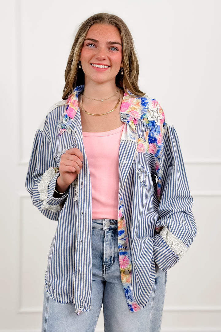 POL Stripe Long Sleeve Button Up Top with Star Patches - Freckled Poppy