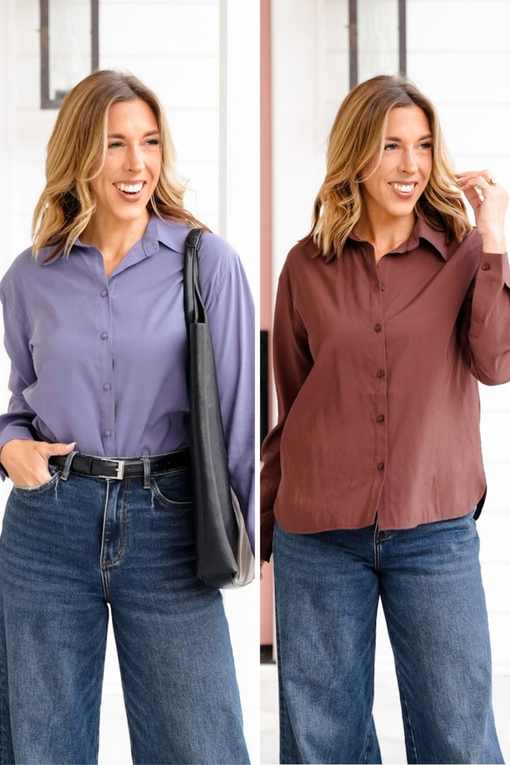 Solid Lightweight Collared Button Up Top - Freckled Poppy