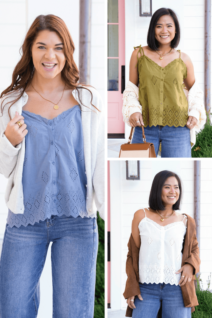 Eyelet Embroidery Sleeveless Button Down Top - Freckled Poppy