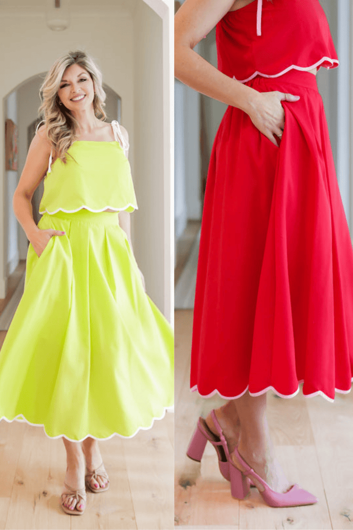 Solid Midi Skirt with Scallop Hem Detail - Freckled Poppy