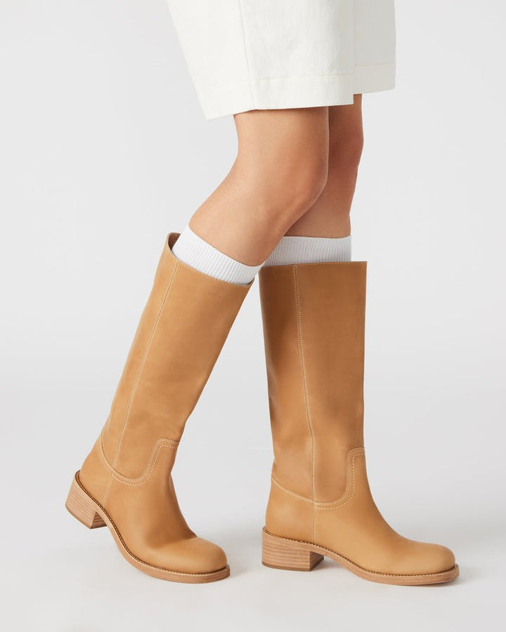 Restock! Steve Madden Leather Mid Calf Boot with Stacked Block Heel - Freckled Poppy