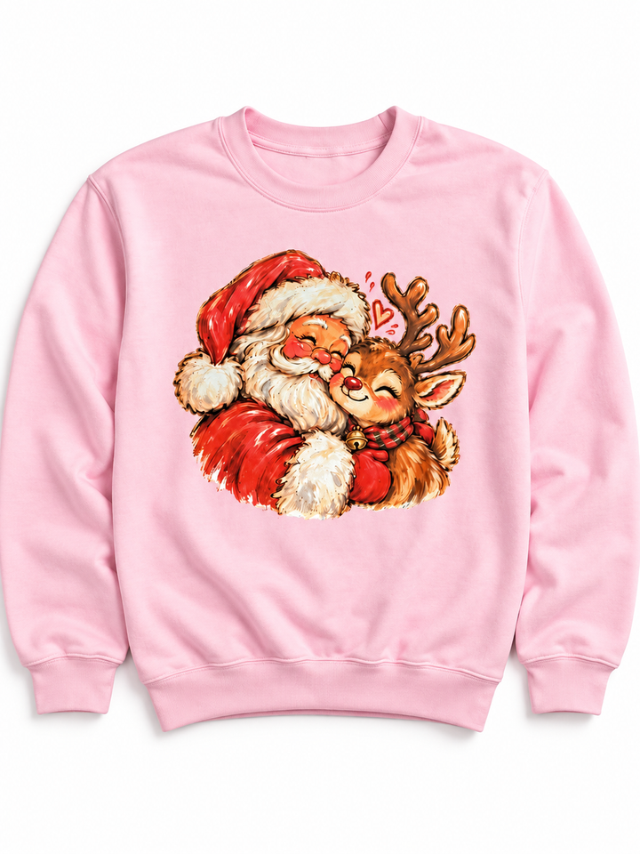 Plus/Reg Long Sleeve Santa and Rudolph Christmas Graphic Sweatshirt