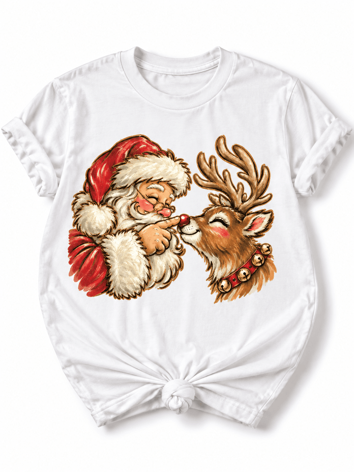 Plus/Reg Short Sleeve Santa and Rudolph Christmas Graphic Tee - Freckled Poppy