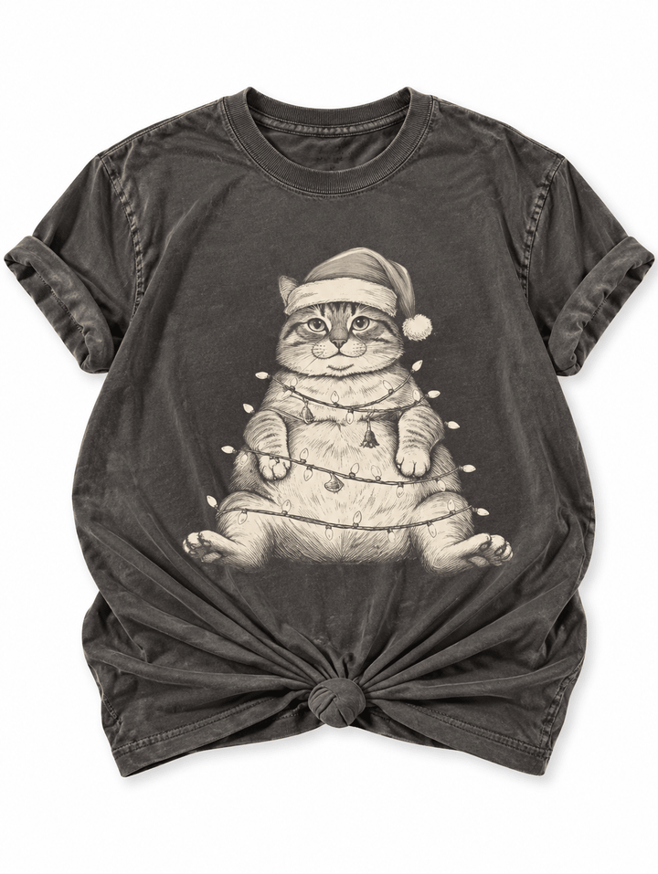 Plus/Reg Short Sleeve Santa Cat Wrapped in Christmas Lights Graphic Tee - Freckled Poppy